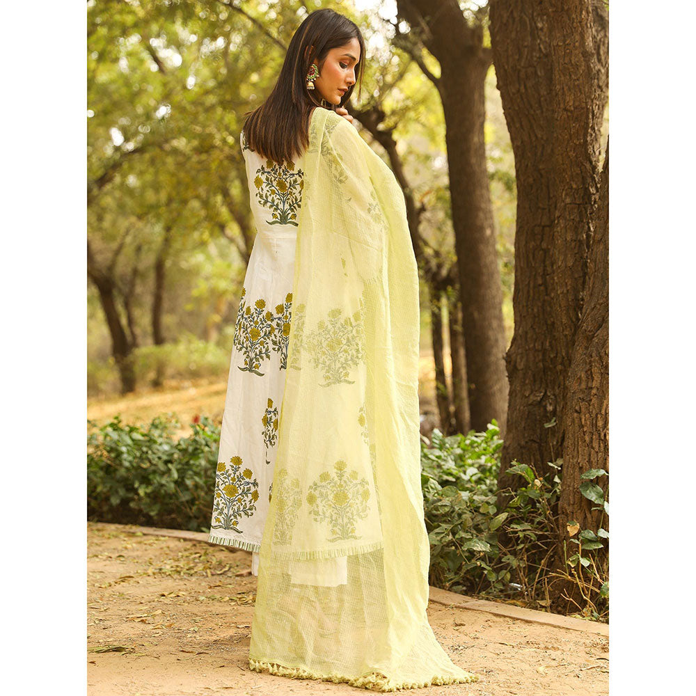 Gulabo Jaipur Green Printed Anarkali And Pant With Dupatta (Set of 3)
