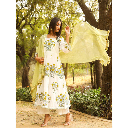 Gulabo Jaipur Green Printed Anarkali And Pant With Dupatta (Set of 3)