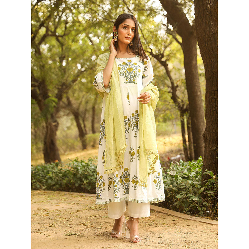 Gulabo Jaipur Green Printed Anarkali And Pant With Dupatta (Set of 3)