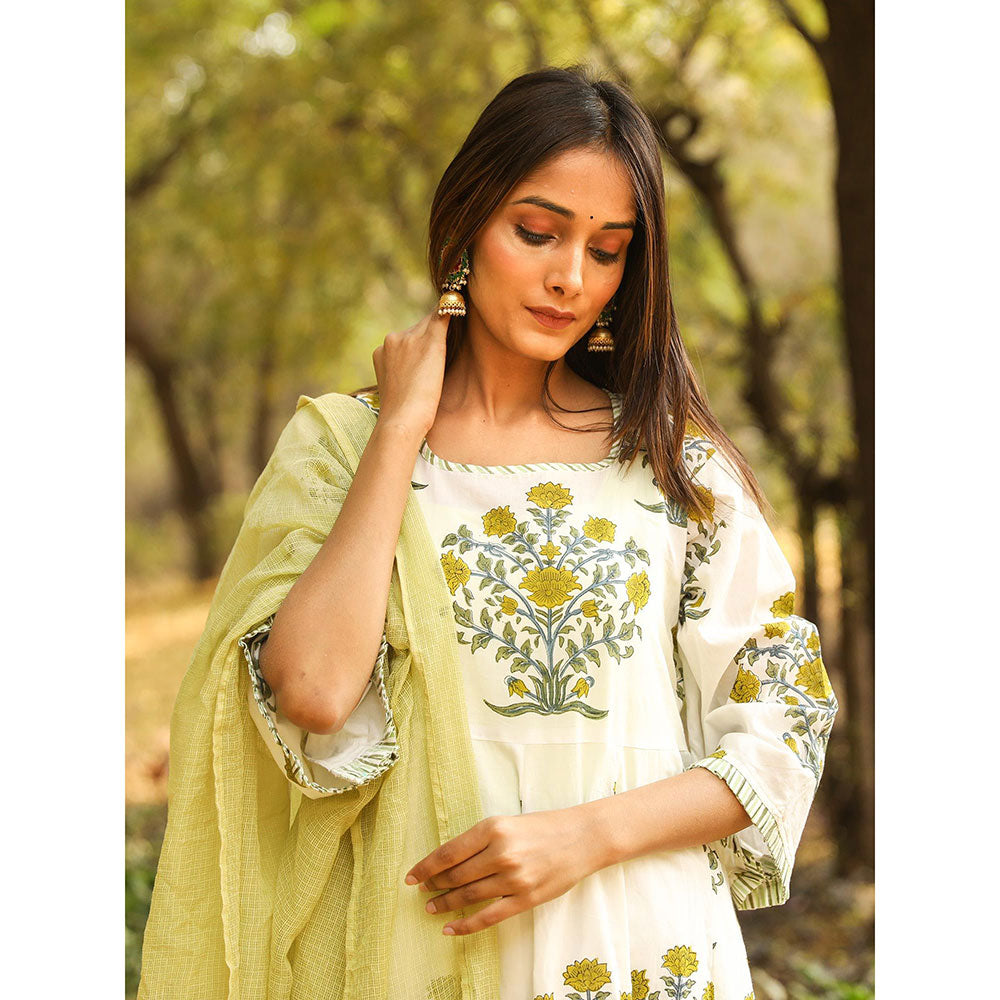 Gulabo Jaipur Green Printed Anarkali And Pant With Dupatta (Set of 3)