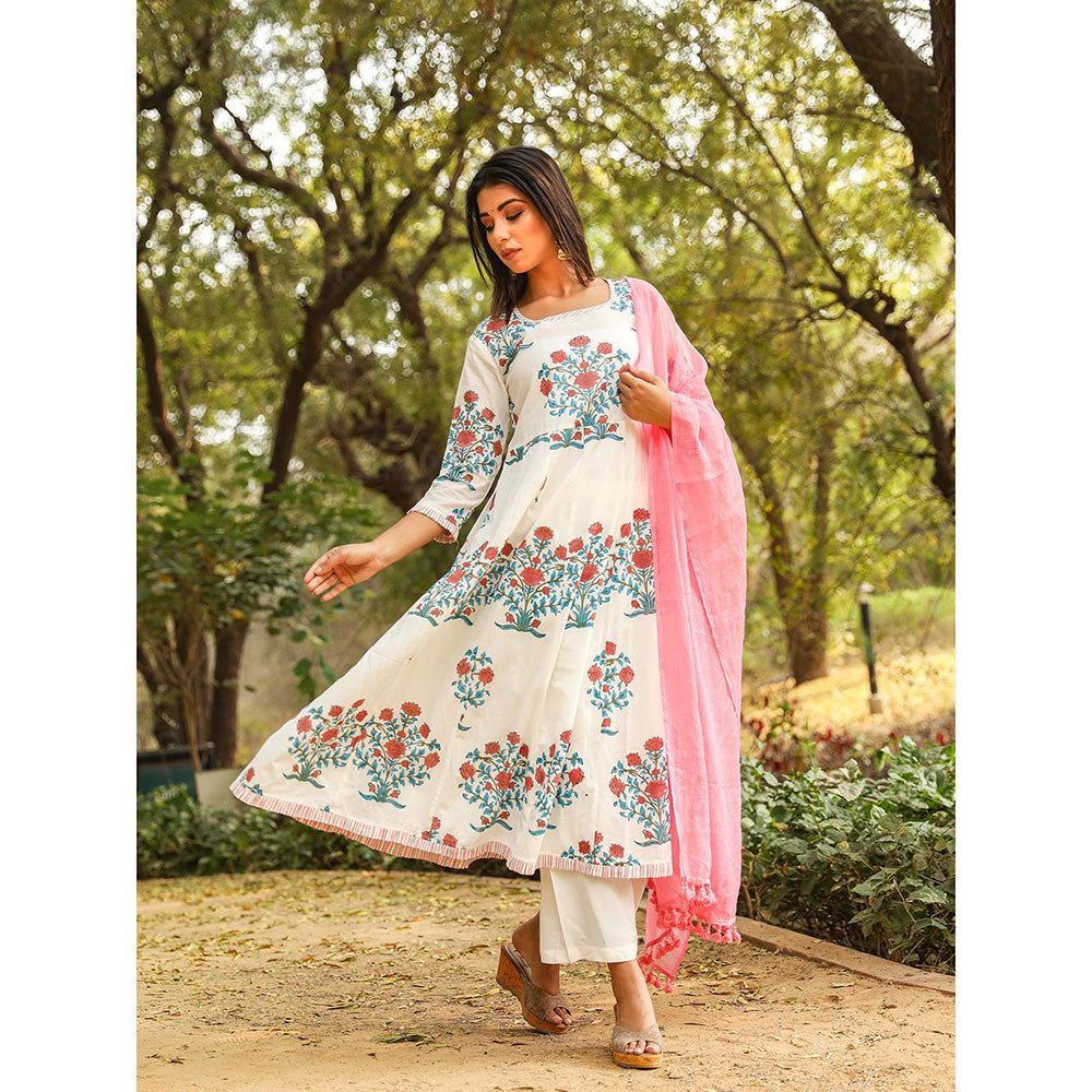 Gulabo Jaipur Peach Printed Anarkali And Pant With Dupatta (Set of 3)