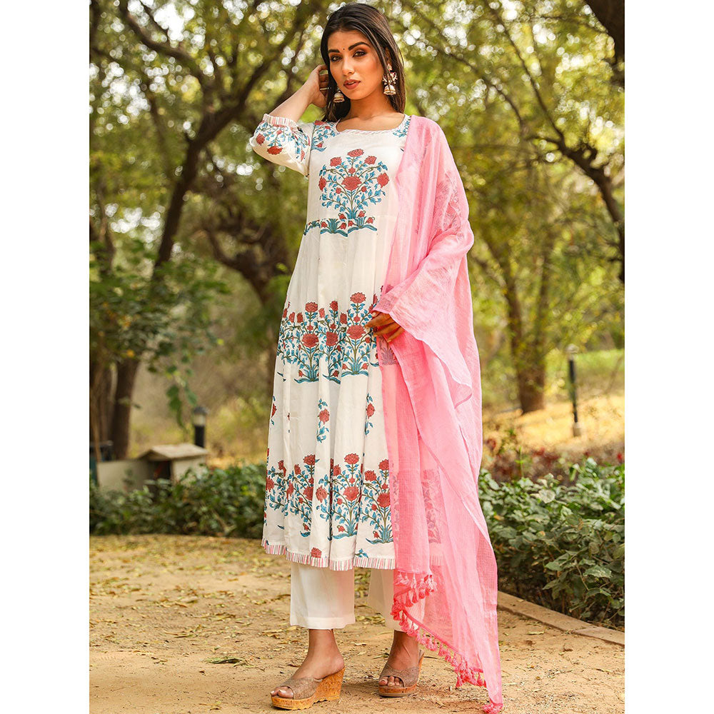 Gulabo Jaipur Peach Printed Anarkali And Pant With Dupatta (Set of 3)