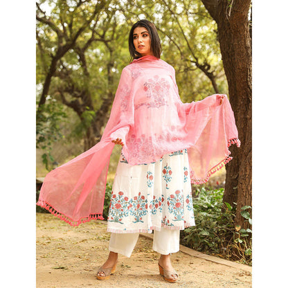 Gulabo Jaipur Peach Printed Anarkali And Pant With Dupatta (Set of 3)
