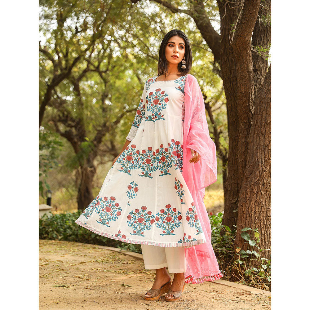 Gulabo Jaipur Peach Printed Anarkali And Pant With Dupatta (Set of 3)
