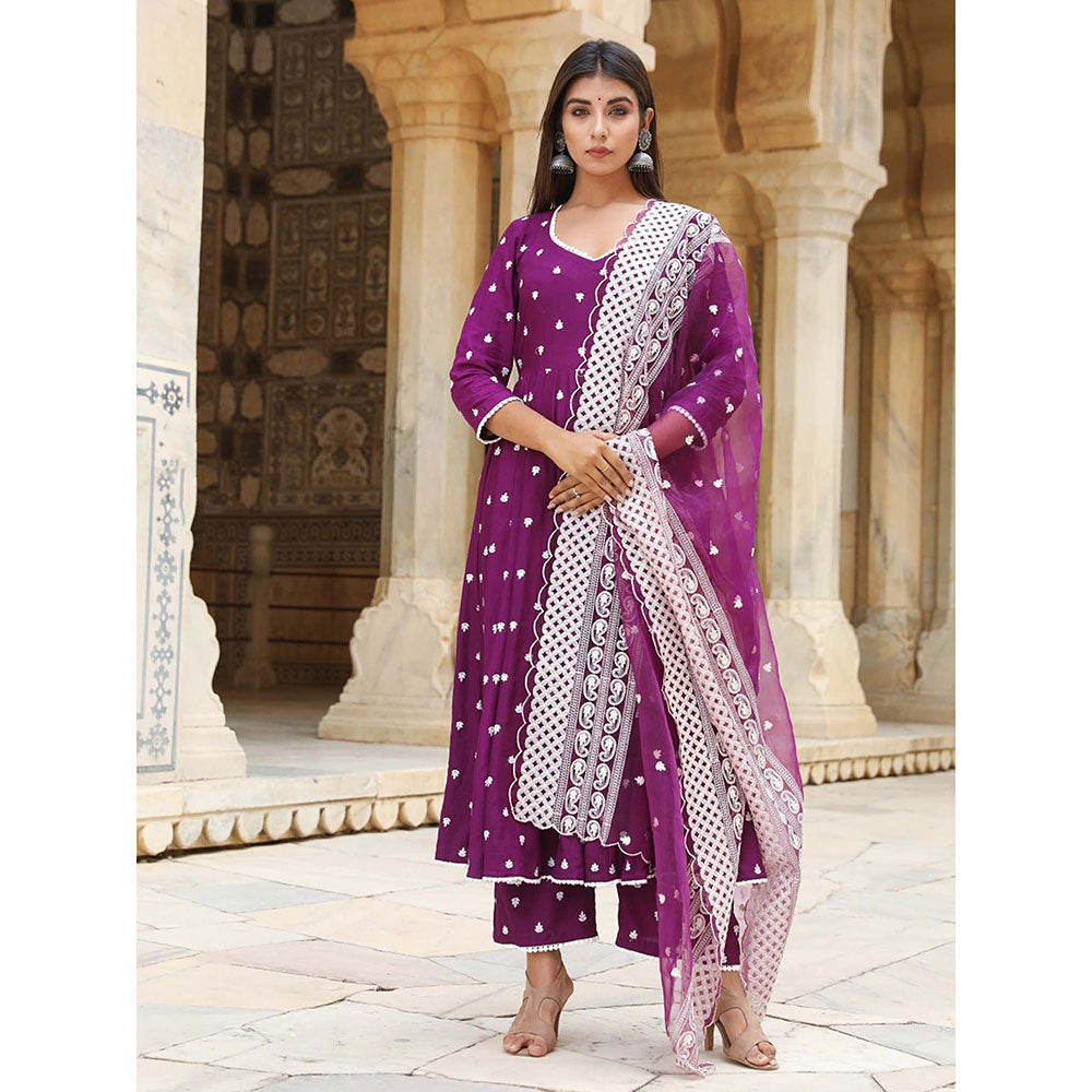 Gulabo Jaipur Hairat Purple Anarkali Kurta And Pant With Dupatta (Set of 3)