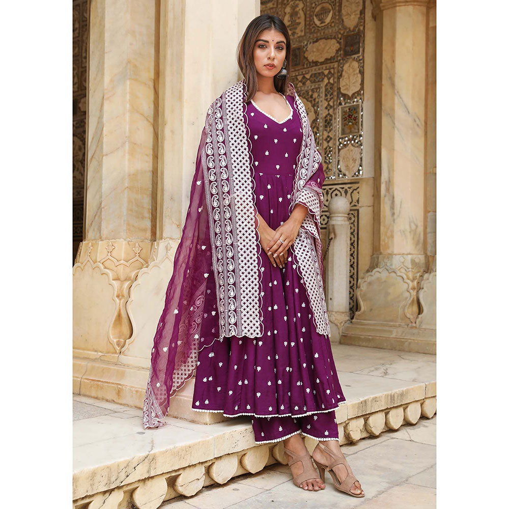 Gulabo Jaipur Hairat Purple Anarkali Kurta And Pant With Dupatta (Set of 3)