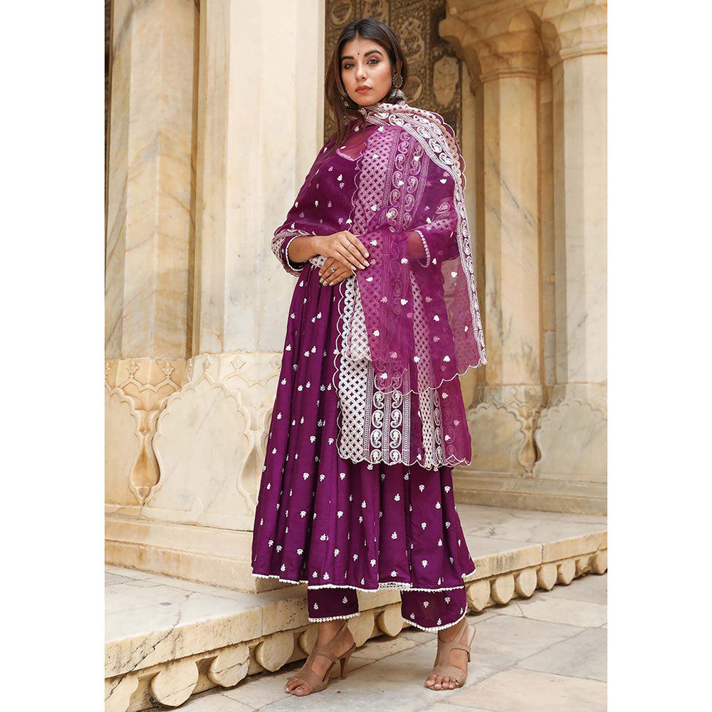Gulabo Jaipur Hairat Purple Anarkali Kurta And Pant With Dupatta (Set of 3)
