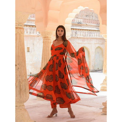 Gulabo Jaipur Ehsaas Orange Anarkali And Pant With Dupatta (Set Of 3)