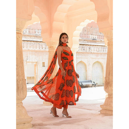 Gulabo Jaipur Ehsaas Orange Anarkali And Pant With Dupatta (Set Of 3)