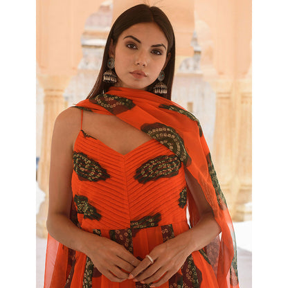 Gulabo Jaipur Ehsaas Orange Anarkali And Pant With Dupatta (Set Of 3)
