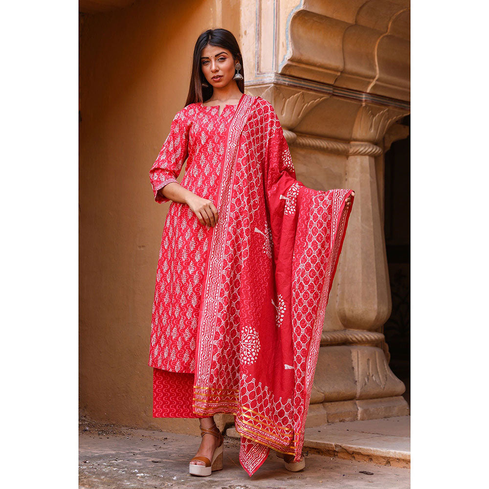 Gulabo Jaipur Abru Red Straight Kurta And Pant With Dupatta (Set of 3)