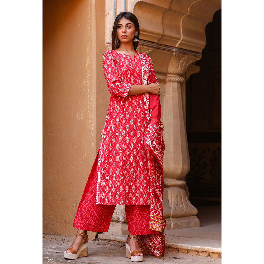 Gulabo Jaipur Abru Red Straight Kurta And Pant With Dupatta (Set of 3)