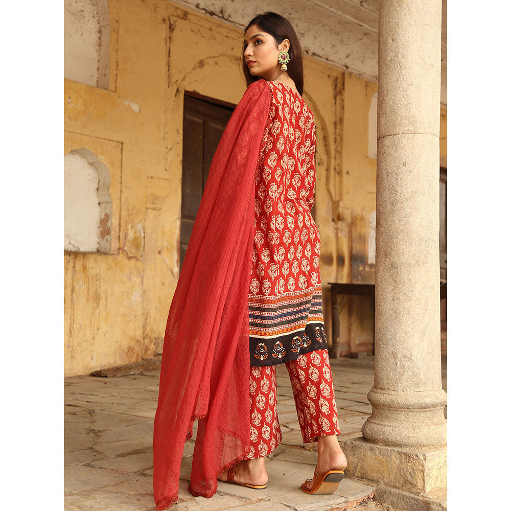 Gulabo Jaipur Red Medha Kurta With Pant And Dupatta (Set Of 3)
