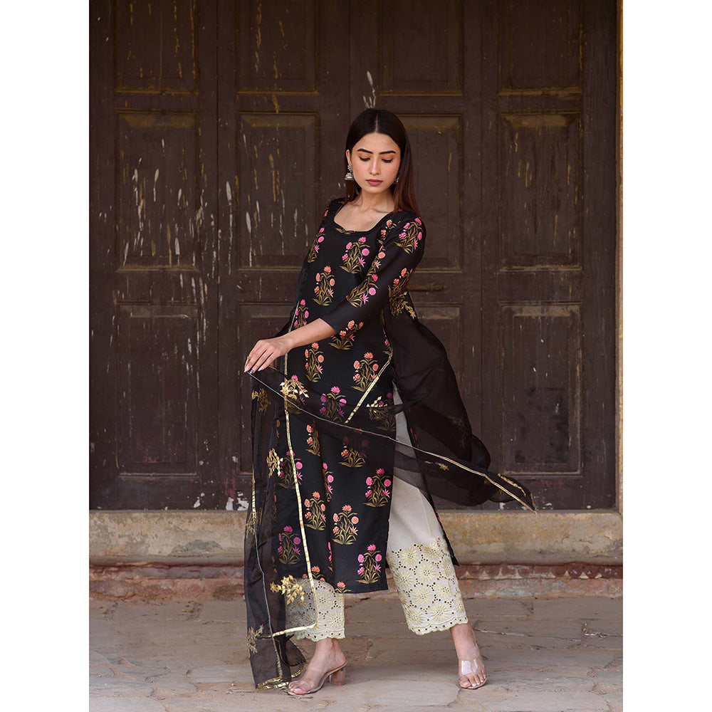 Gulabo Jaipur Black Mehnaaz Kurta With Pant And Dupatta (Set Of 3)