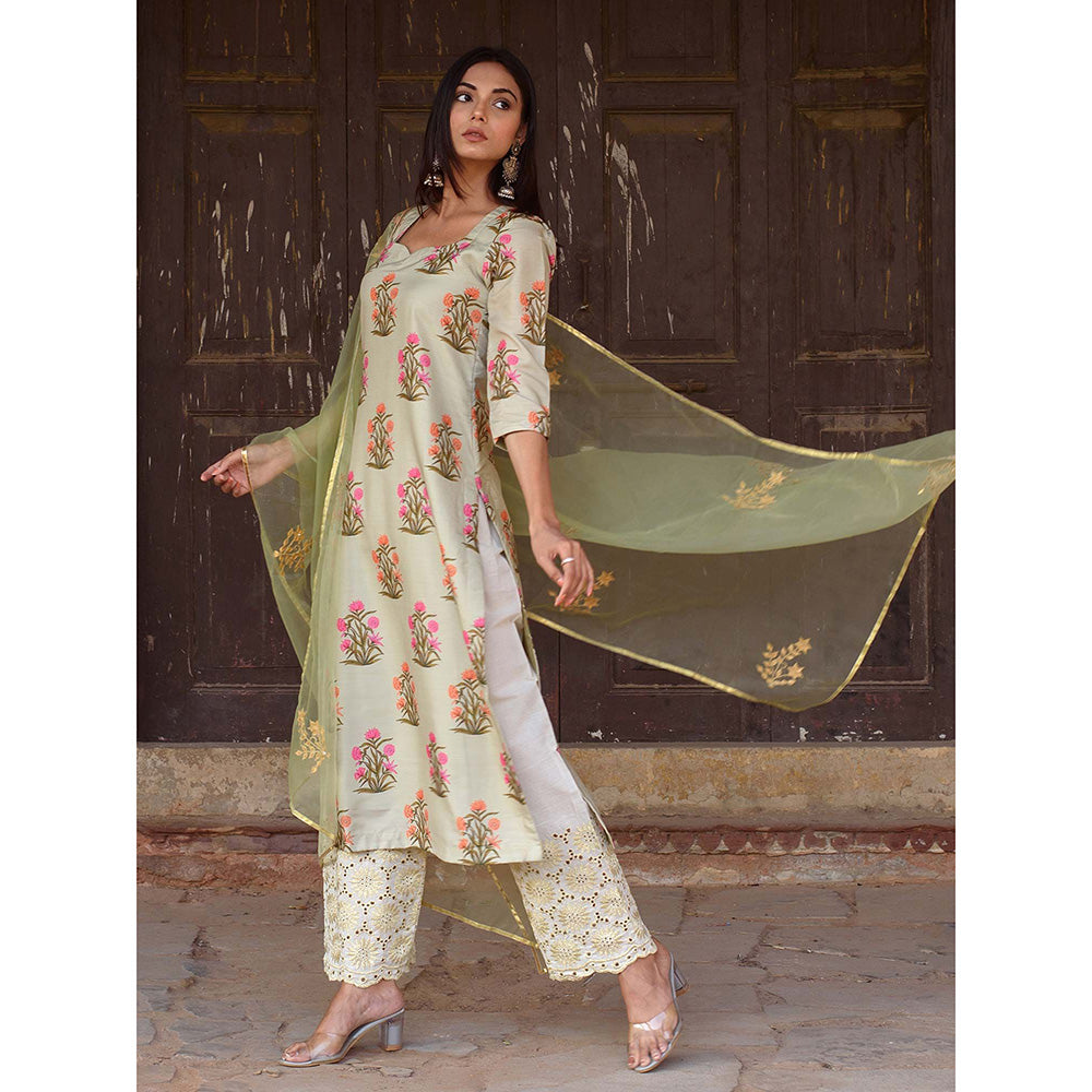 Gulabo Jaipur Pista Mehnaaz Kurta and Pant with Dupatta (Set of 3)