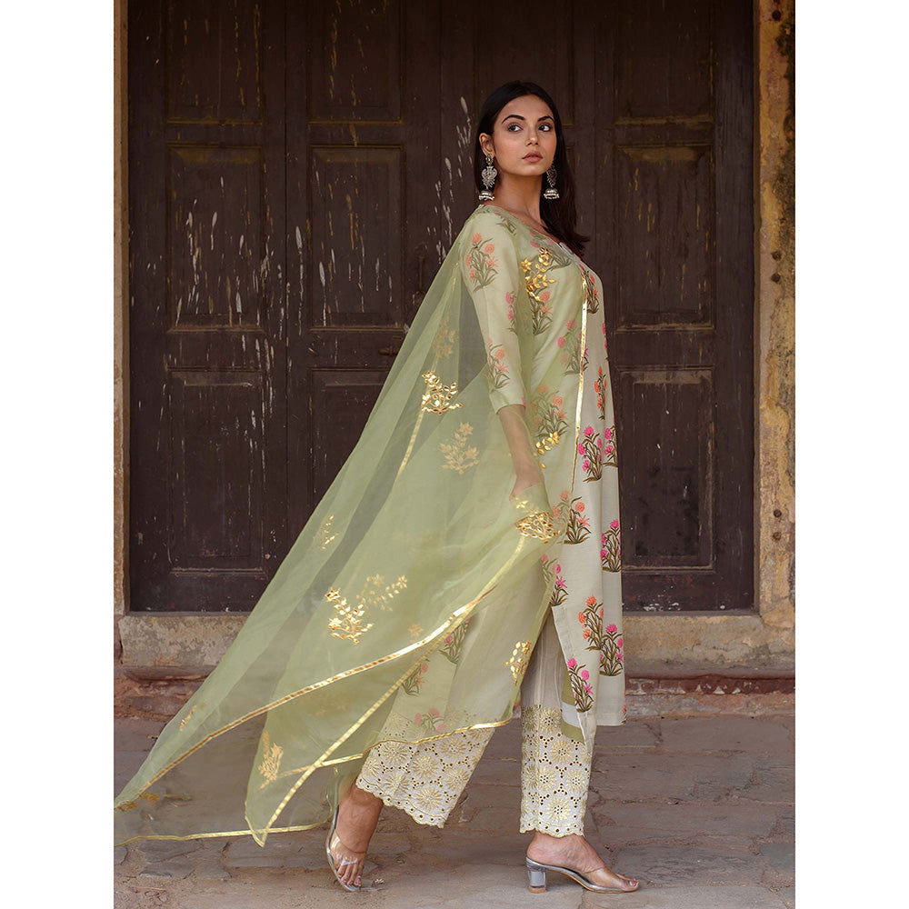 Gulabo Jaipur Pista Mehnaaz Kurta and Pant with Dupatta (Set of 3)