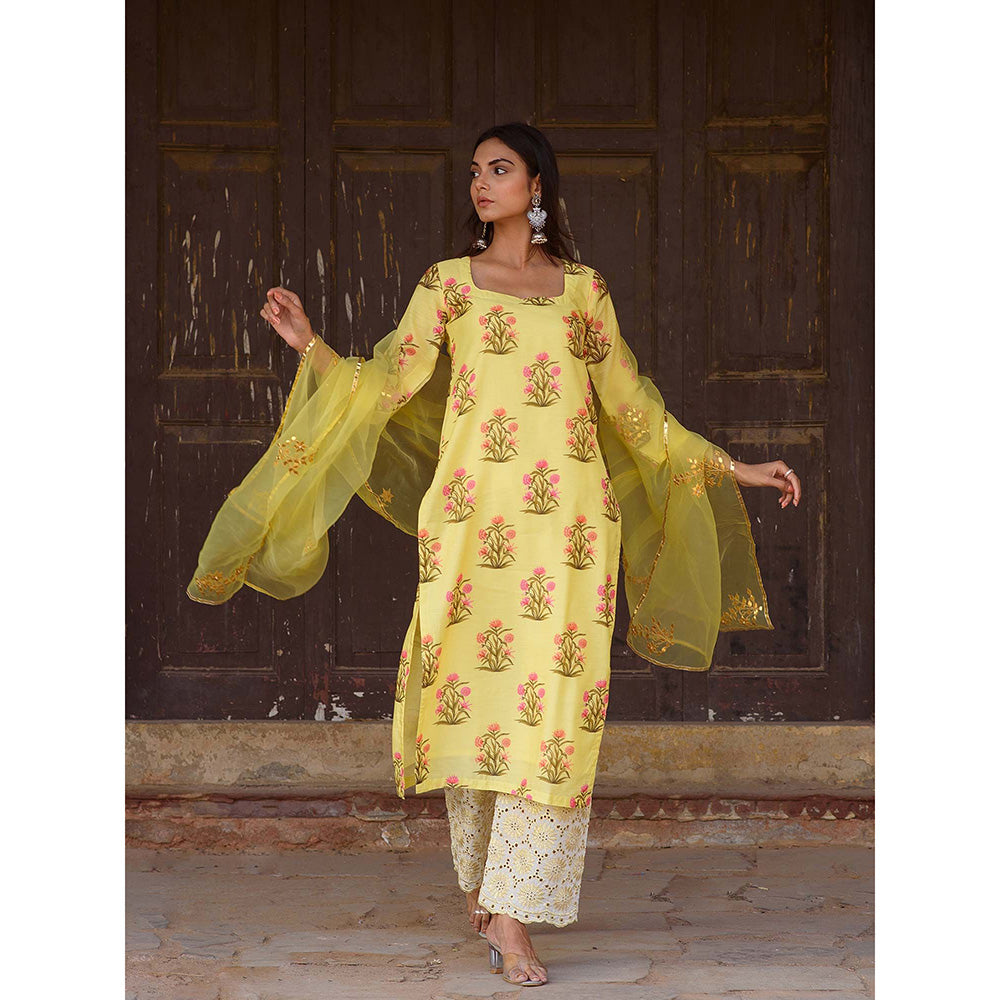 Gulabo Jaipur Yellow Mehnaaz Kurta With Pant And Dupatta (Set Of 3)