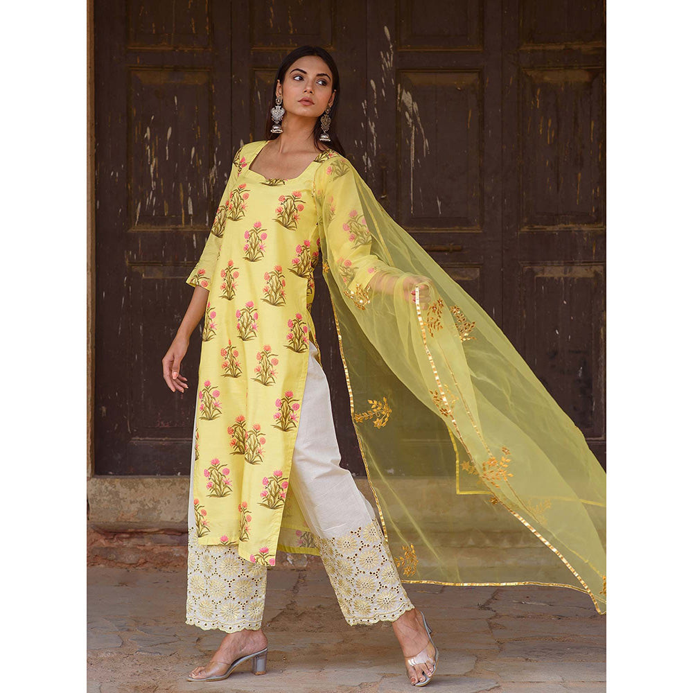 Gulabo Jaipur Yellow Mehnaaz Kurta With Pant And Dupatta (Set Of 3)