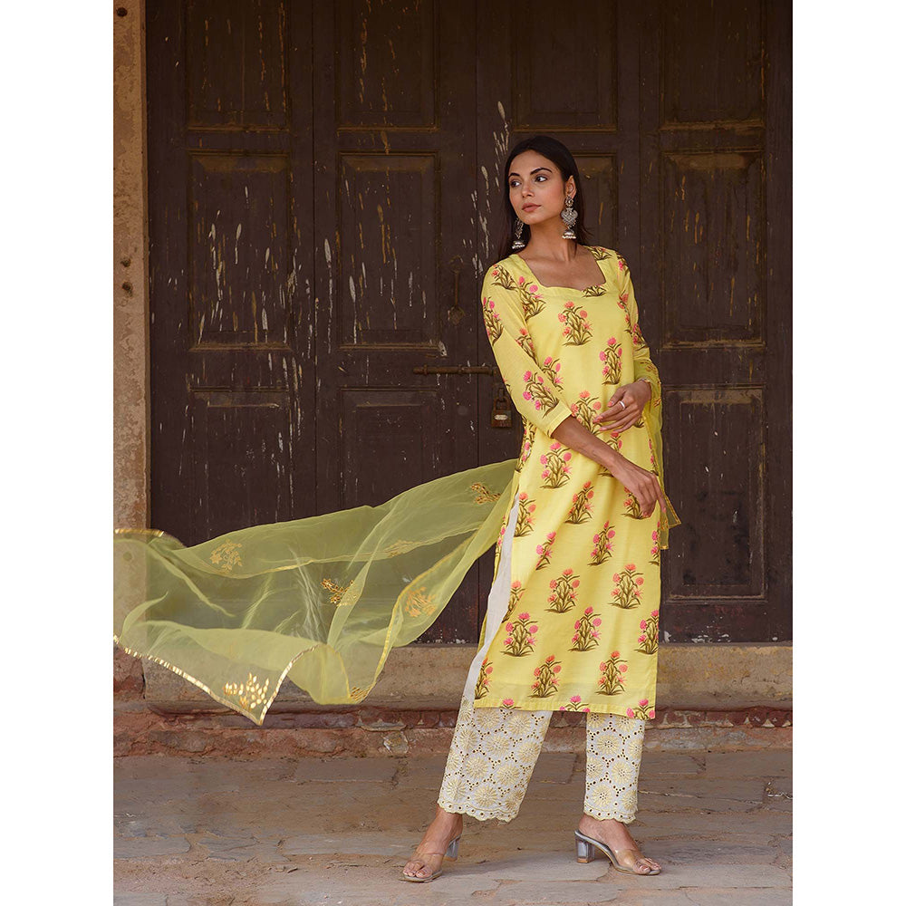 Gulabo Jaipur Yellow Mehnaaz Kurta With Pant And Dupatta (Set Of 3)