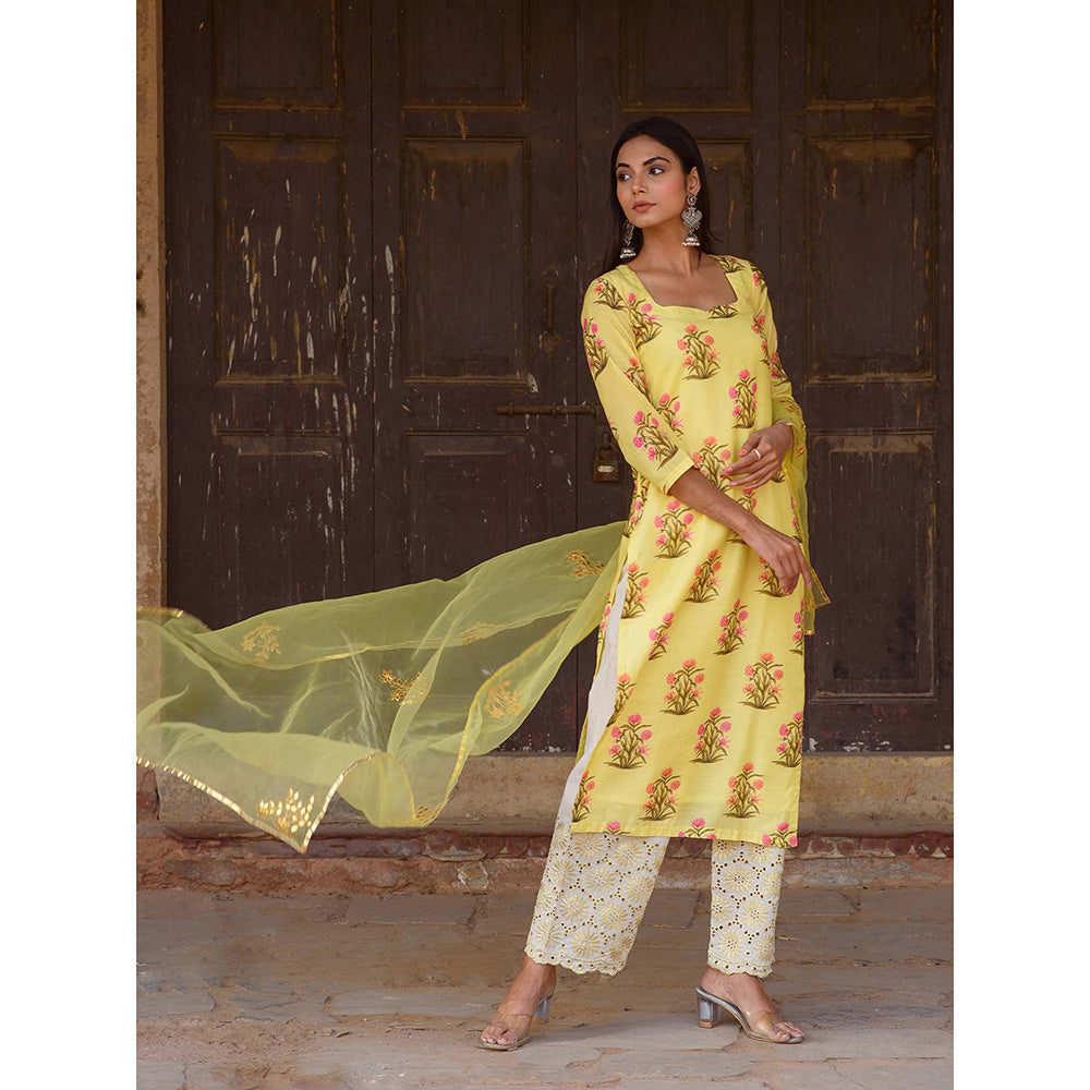Gulabo Jaipur Yellow Mehnaaz Kurta With Pant And Dupatta (Set Of 3)