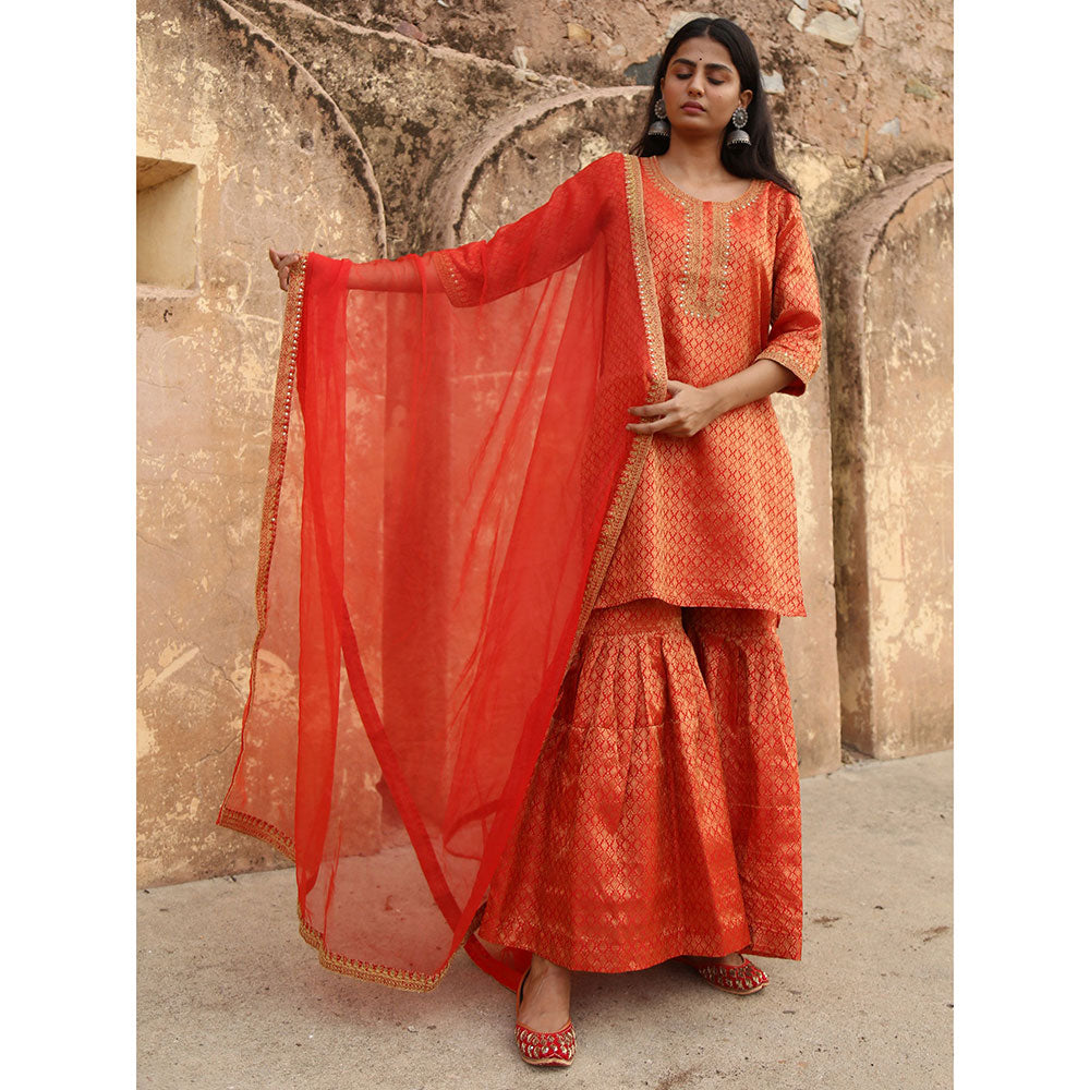Gulabo Jaipur Red Nimraa Kurta With Sharara And Dupatta (Set Of 3)