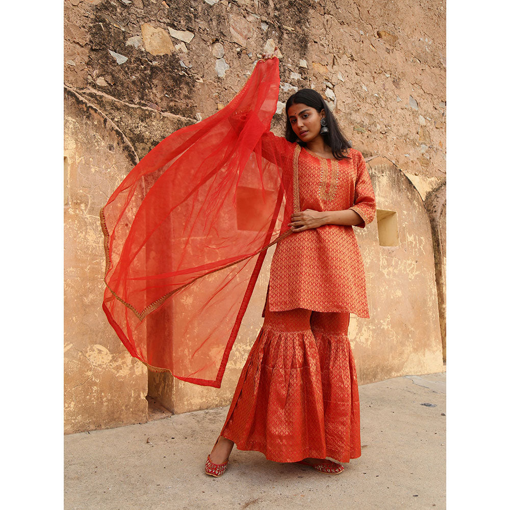 Gulabo Jaipur Red Nimraa Kurta With Sharara And Dupatta (Set Of 3)