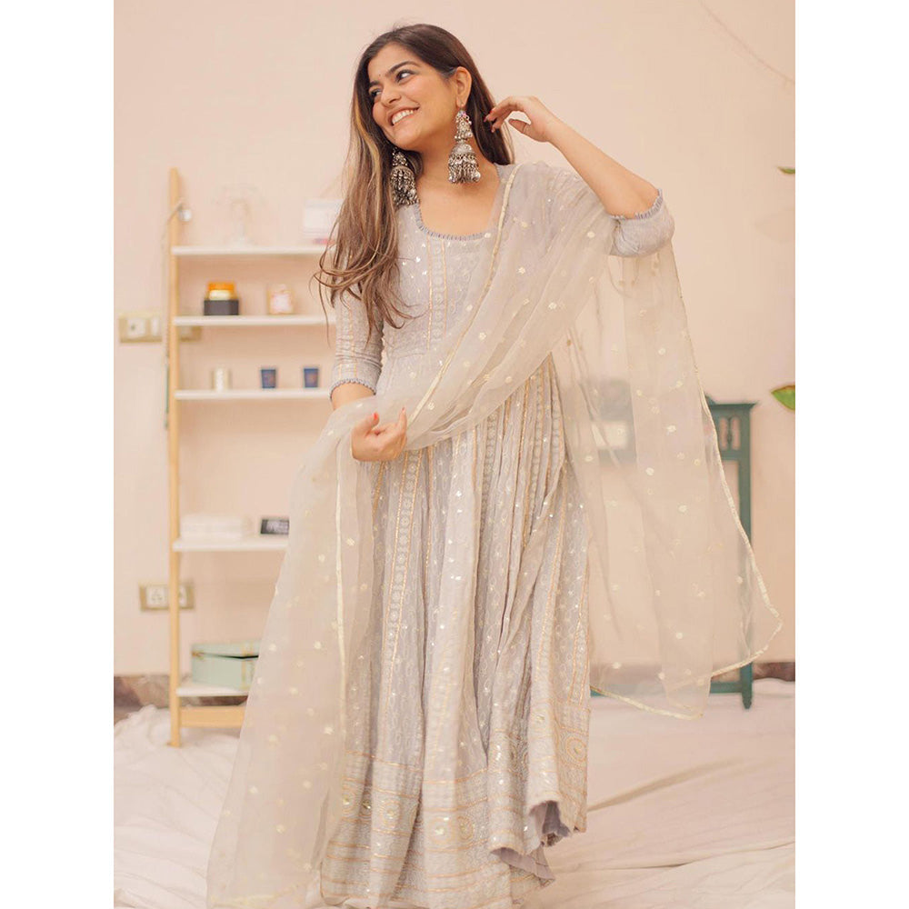 Gulabo Jaipur Grey Nisa Anarkali With Pant And Dupatta (Set Of 3)