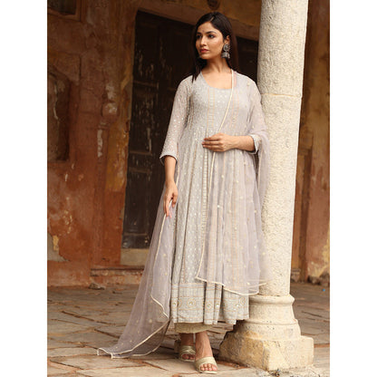 Gulabo Jaipur Grey Nisa Anarkali With Pant And Dupatta (Set Of 3)