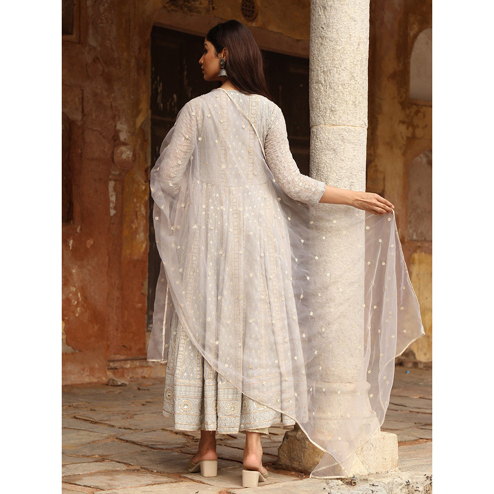 Gulabo Jaipur Grey Nisa Anarkali With Pant And Dupatta (Set Of 3)