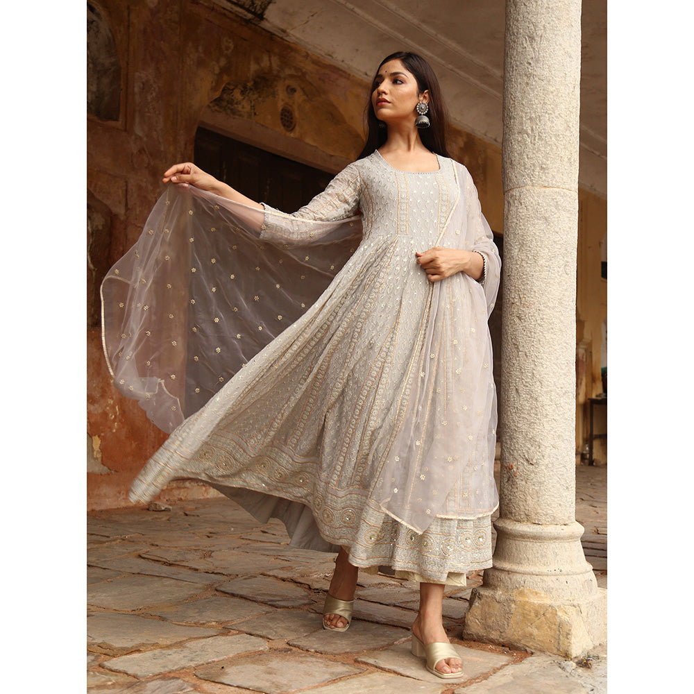 Gulabo Jaipur Grey Nisa Anarkali With Pant And Dupatta (Set Of 3)