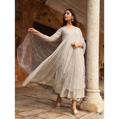 Gulabo Jaipur Grey Nisa Anarkali With Pant And Dupatta (Set Of 3)