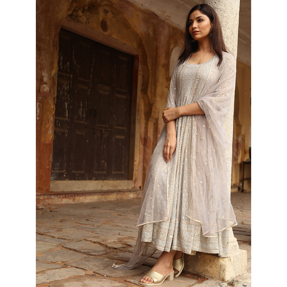 Gulabo Jaipur Grey Nisa Anarkali With Pant And Dupatta (Set Of 3)