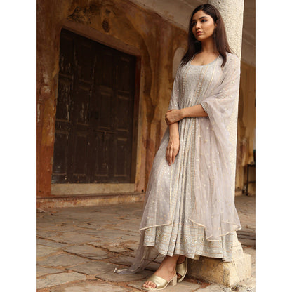 Gulabo Jaipur Grey Nisa Anarkali With Pant And Dupatta (Set Of 3)