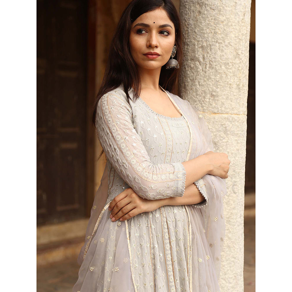 Gulabo Jaipur Grey Nisa Anarkali With Pant And Dupatta (Set Of 3)
