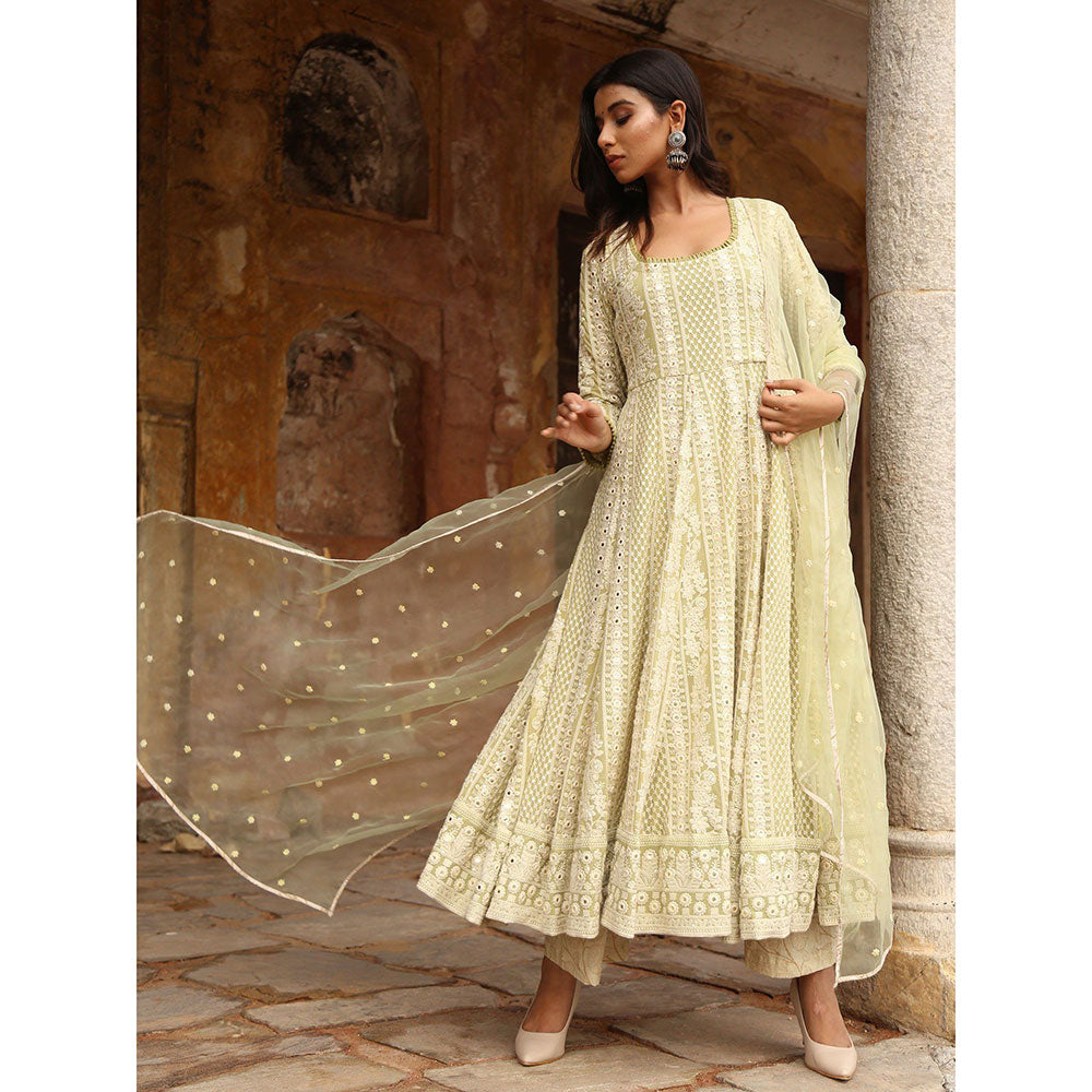 Gulabo Jaipur Green Nisa Anarkali With Pant And Dupatta (Set Of 3)