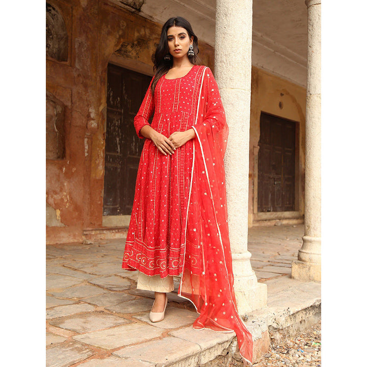 Gulabo Jaipur Red Nisa Anarkali With Pant And Dupatta (Set Of 3)