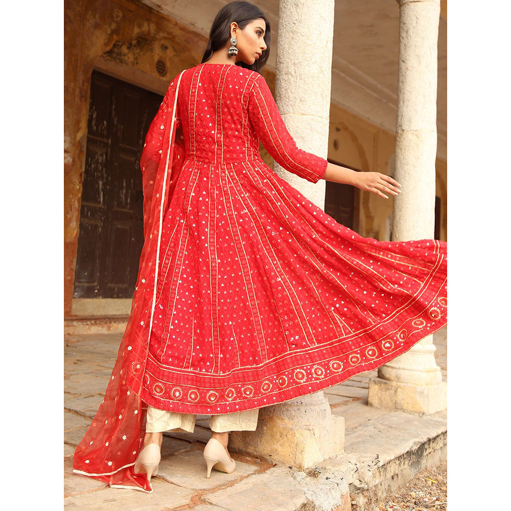 Gulabo Jaipur Red Nisa Anarkali With Pant And Dupatta (Set Of 3)