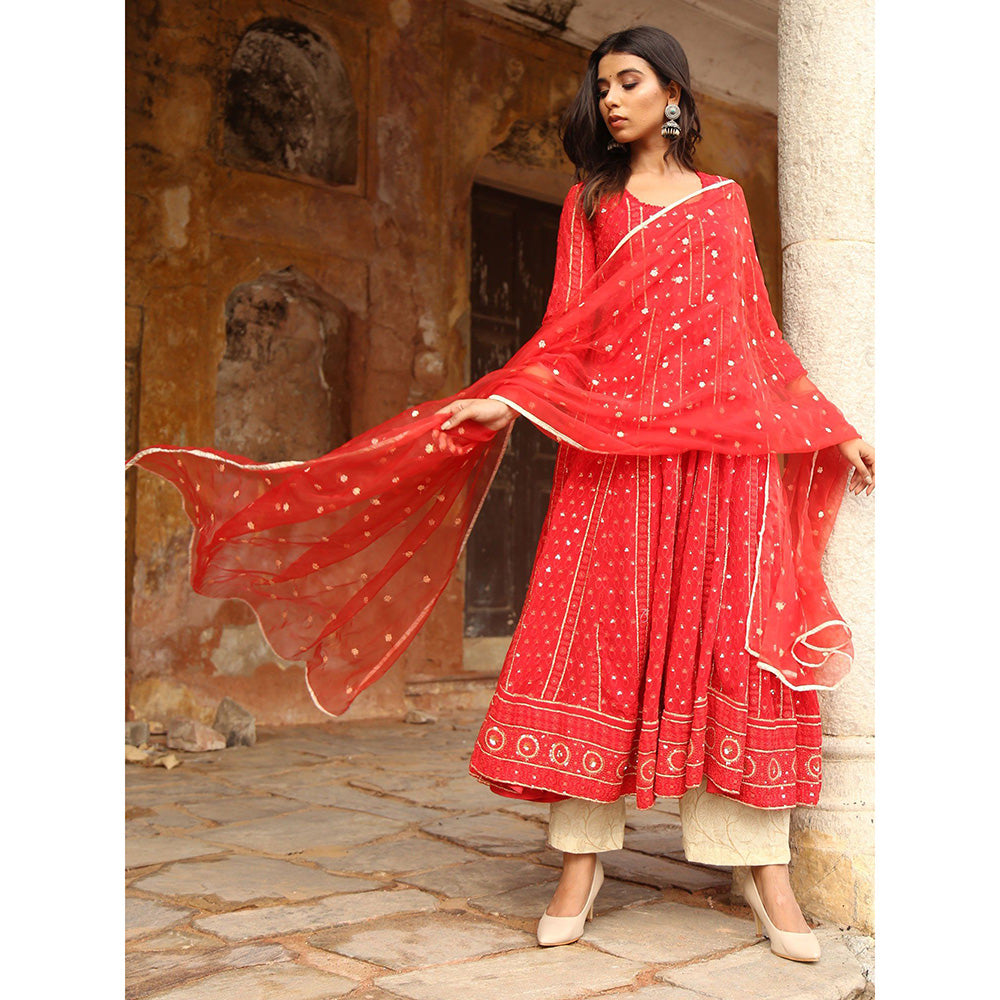 Gulabo Jaipur Red Nisa Anarkali With Pant And Dupatta (Set Of 3)