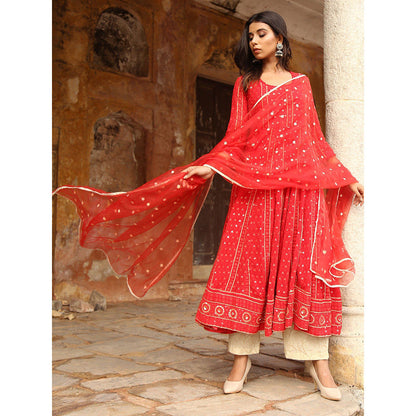 Gulabo Jaipur Red Nisa Anarkali With Pant And Dupatta (Set Of 3)