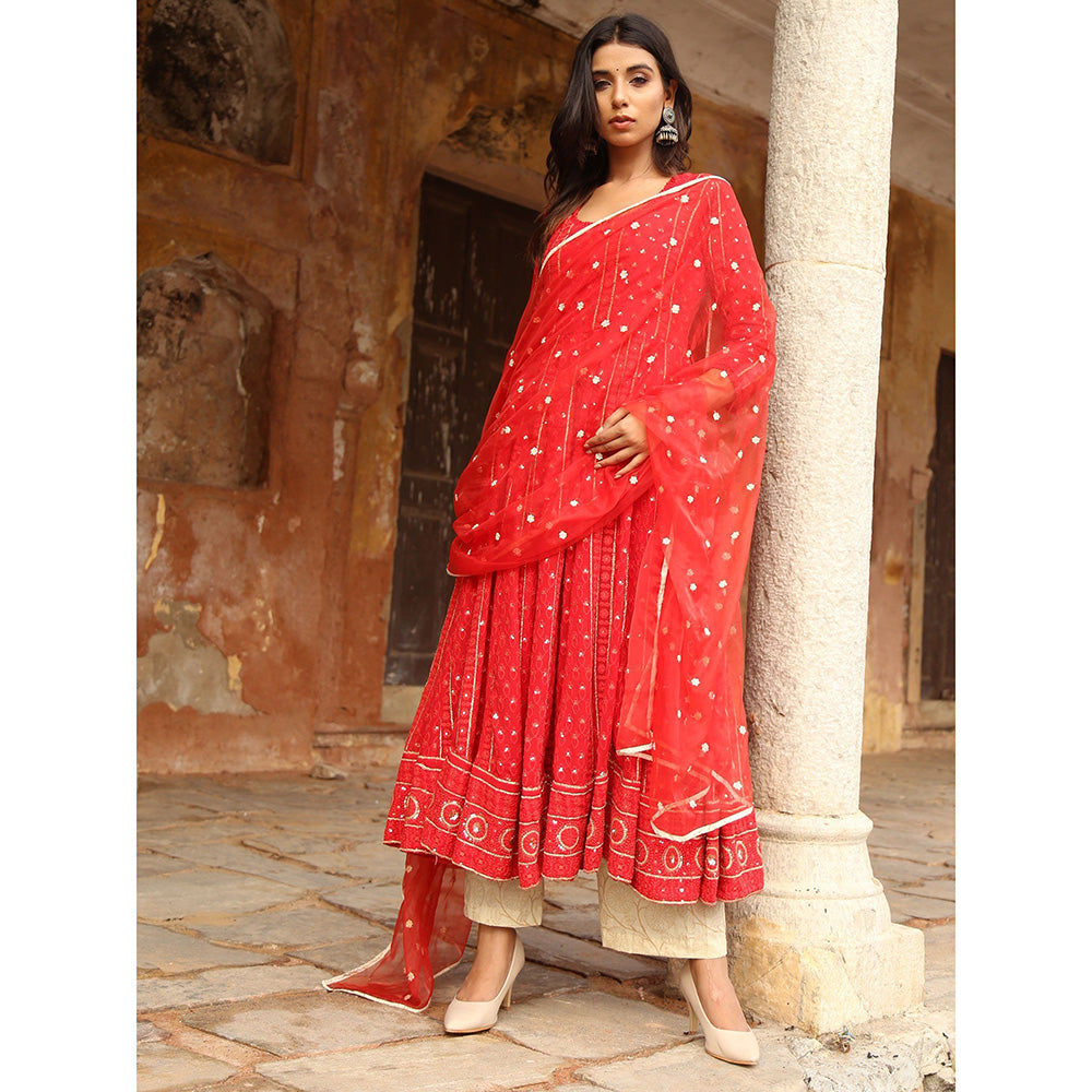 Gulabo Jaipur Red Nisa Anarkali With Pant And Dupatta (Set Of 3)