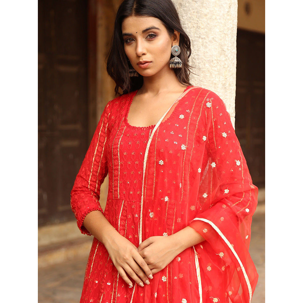 Gulabo Jaipur Red Nisa Anarkali With Pant And Dupatta (Set Of 3)