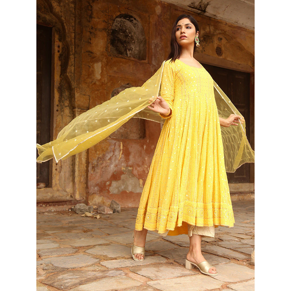 Gulabo Jaipur Yellow Nisa Anarkali With Pant And Dupatta (Set Of 3)