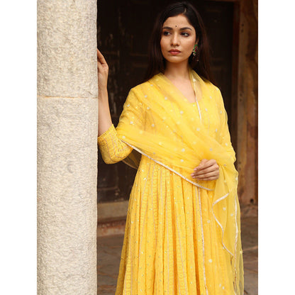 Gulabo Jaipur Yellow Nisa Anarkali With Pant And Dupatta (Set Of 3)
