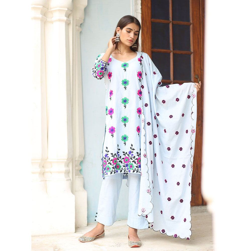 Gulabo Jaipur Blue Poppy Kurta With Pant And Dupatta (Set Of 3)