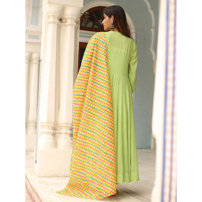 Gulabo Jaipur Green Rangoli Anarkali With Pant And Dupatta (Set Of 3)