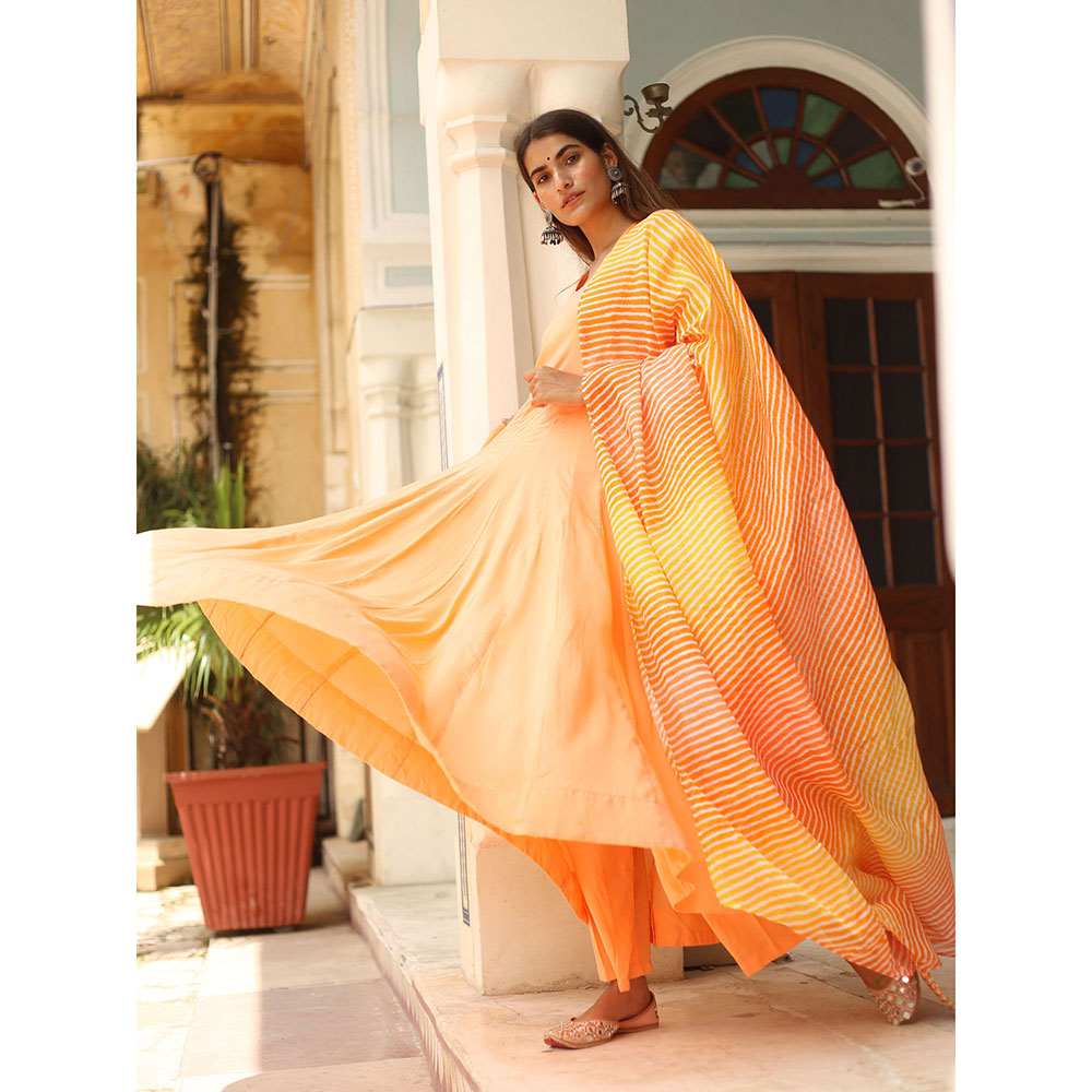 Gulabo Jaipur Peach Rangoli Anarkali With Pant And Dupatta (Set Of 3)
