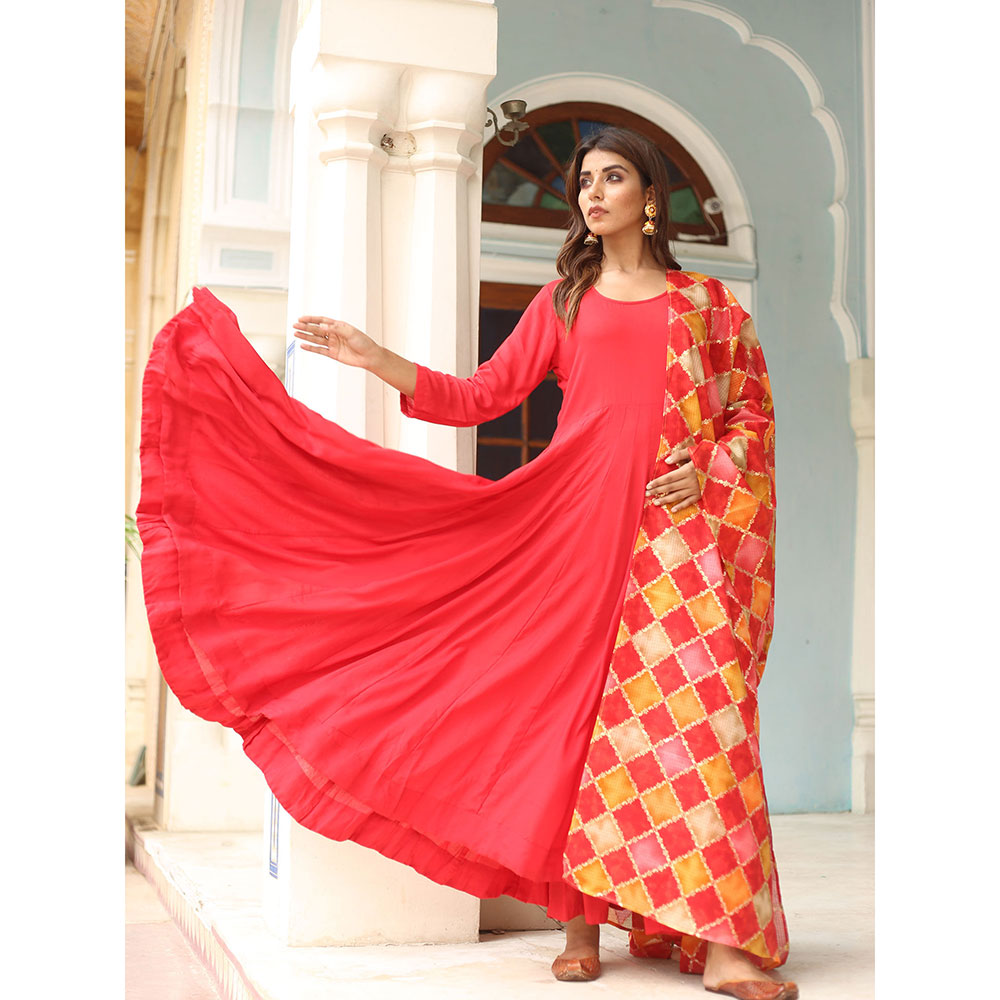 Gulabo Jaipur Red Rangoli Anarkali With Pant And Dupatta (Set Of 3)