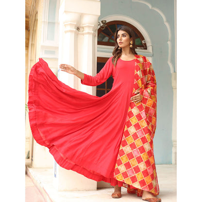 Gulabo Jaipur Red Rangoli Anarkali With Pant And Dupatta (Set Of 3)