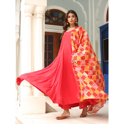 Gulabo Jaipur Red Rangoli Anarkali With Pant And Dupatta (Set Of 3)