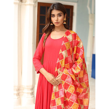 Gulabo Jaipur Red Rangoli Anarkali With Pant And Dupatta (Set Of 3)